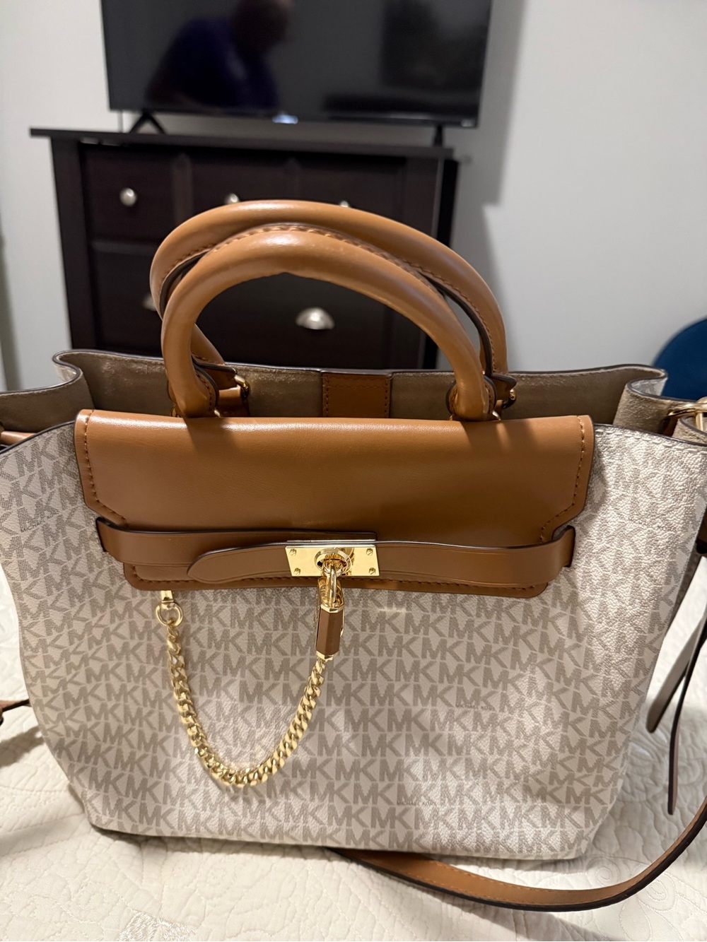 Michael Kors Tan and Beige MK Logo Satchel with Gold Chain